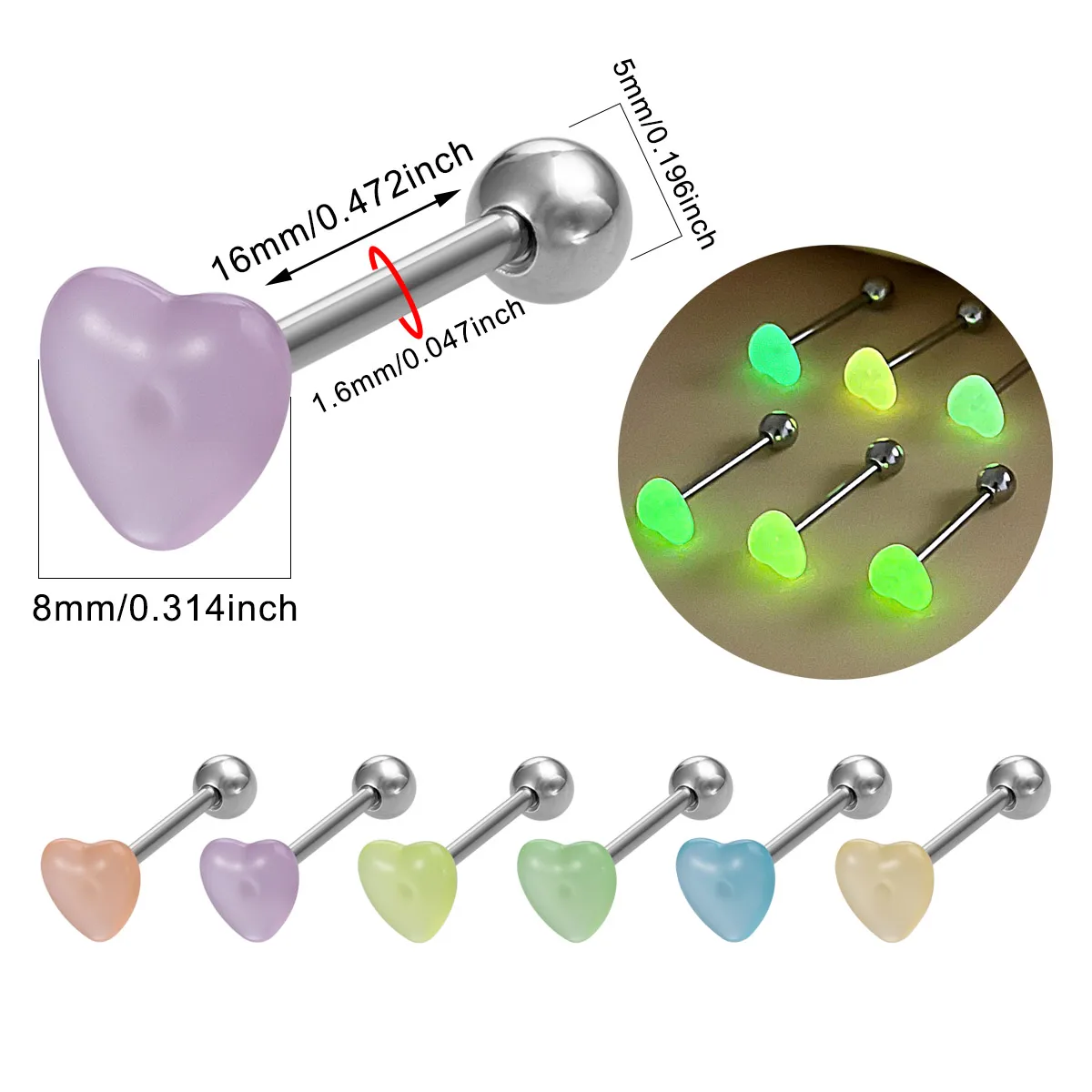 6pcs Glow in The Dark Tongue Piercing Jewelry Stainless Steel Barbell Tongue Nail Designs Tongue Puncture Jewelry for Women Men