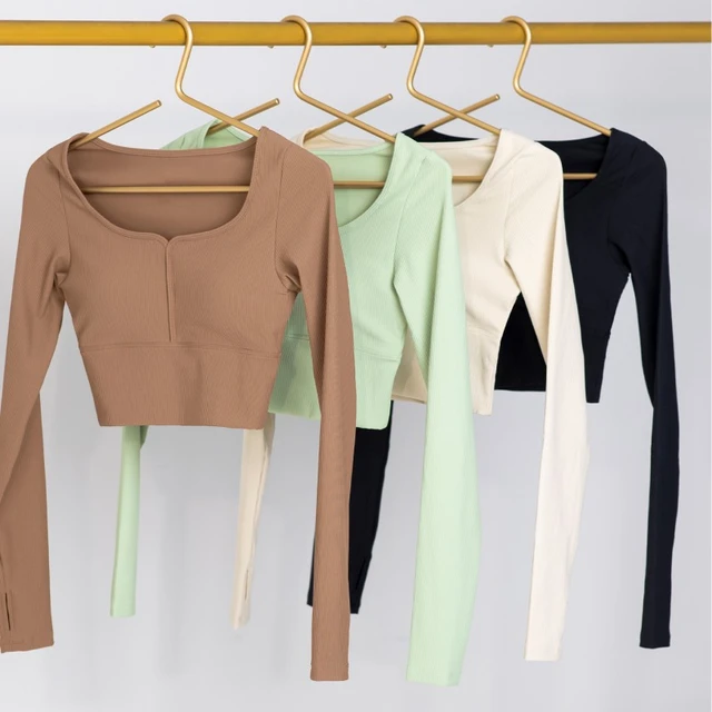 Fixed Cup Long Sleeve Thumbhole Yoga Shirt Autumn New Sports Crop Top Women  Large Neckline Tight Fast Drying Fitness Clothing - AliExpress