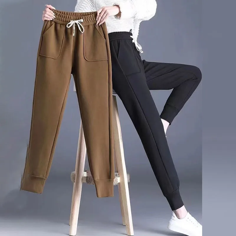 Women's Elastic Waist Solid Drawstring Patchwork Pocket Autumn and Winter 2023 New Loose High Waist Vintage Casual Guard Pants