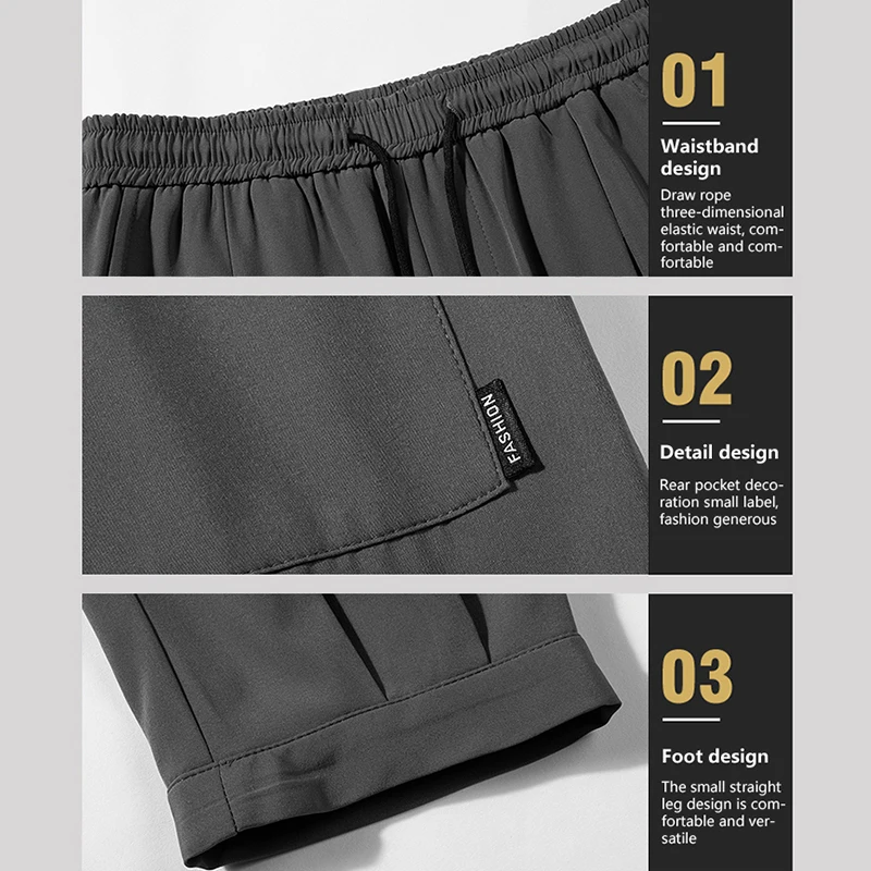 M-5XL 여름 아이스 실크 크롭 팬츠 남성용 4방향 신축성 캐주얼 트렌디 루즈핏 속건 스포츠 라지 크롭 팬츠