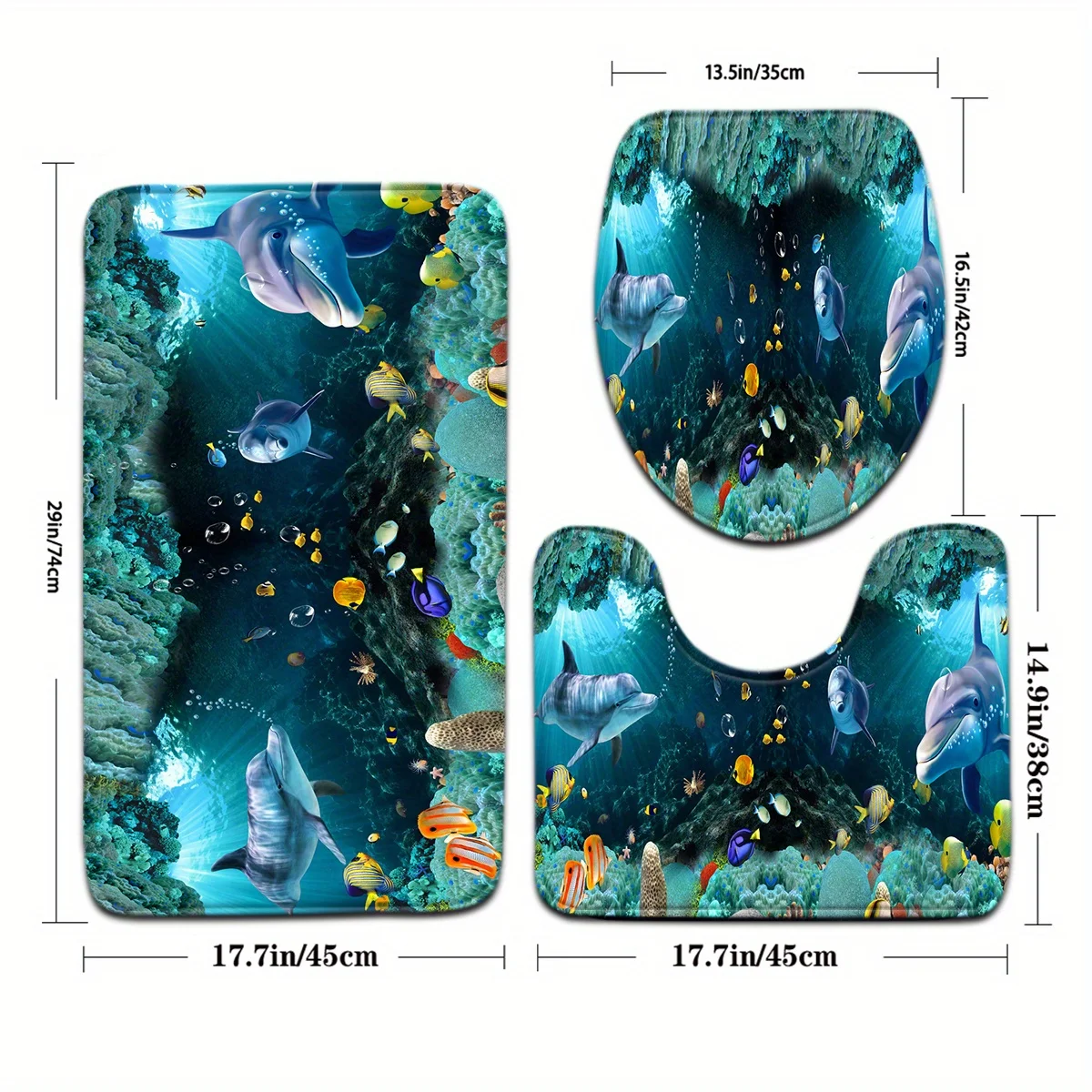 3pcs Underwater World Series Bathroom Mat Set with Three Dolphin Patterns,  Toilet Seat Cover, And U-Shaped Foot Mat. - AliExpress, image size:1200x1200