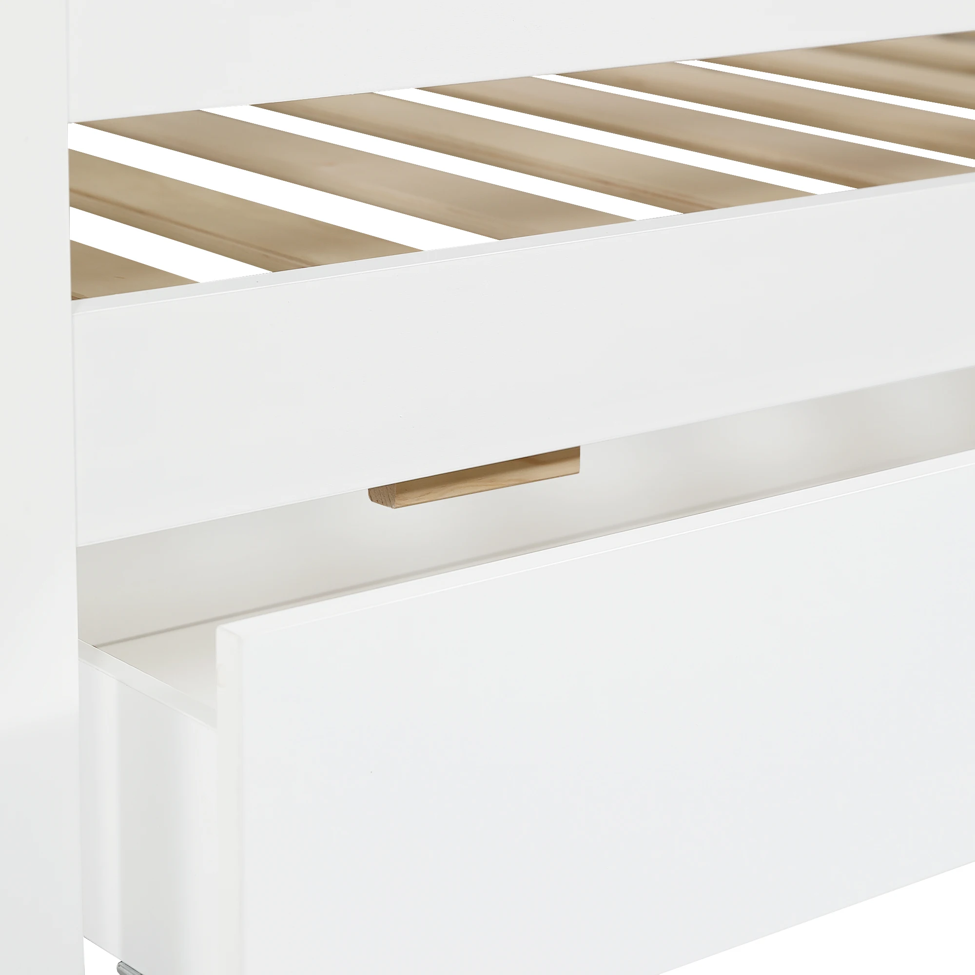 Etagenbett, Kinderbett, mit schönen Fenstern und Dach, stabilem Lattenrost und Leiter, mit zwei großen Schubladen. Kiefer + MDF – Detail 24