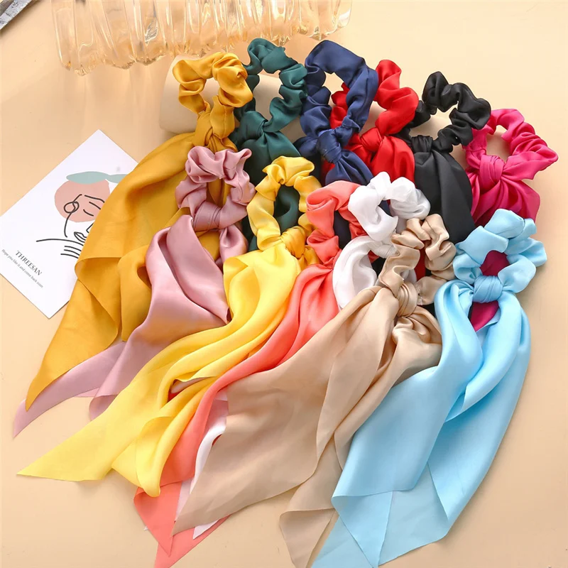 Bohemian Fashion Flower Printed Satin Elastic Long Ribbon Hair Bands Ponytail Scarf Hair Tie Women Scrunchies Hair Accessories