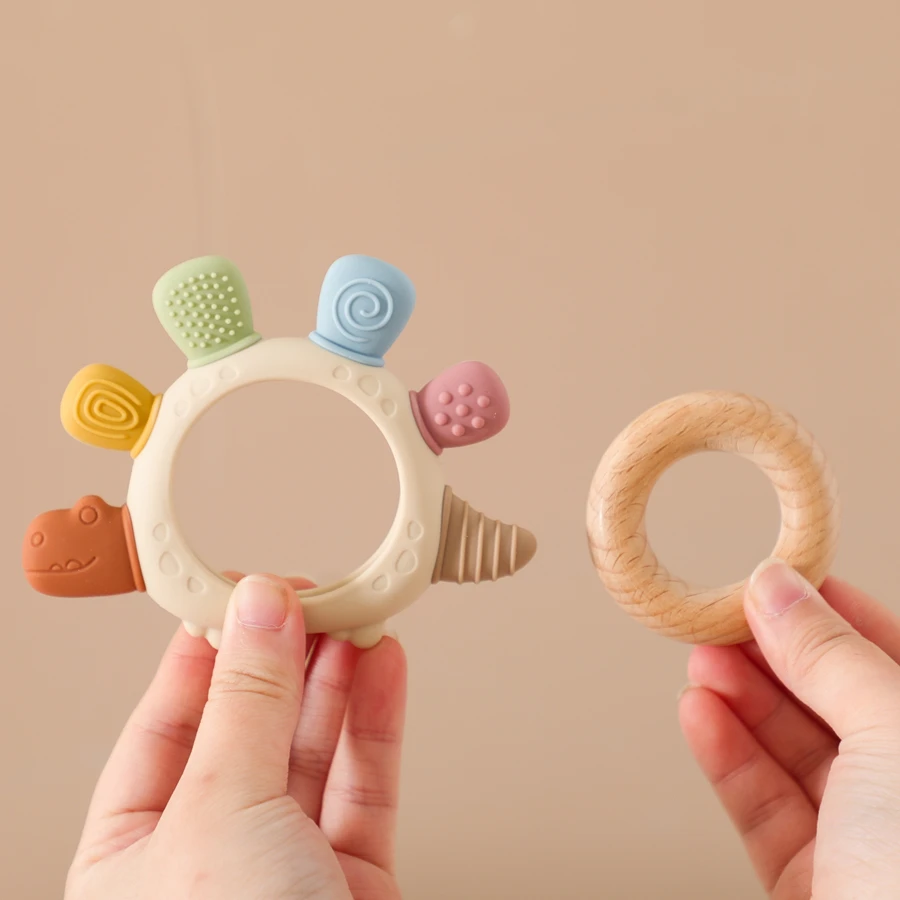 Baby Silikon Beißring Grade Lebensmittel Silikon Dinosaurier Holz Ring Baby Pflege Zahnen Spielzeug Zahnpflege Silikon Kaugummi Baby Spielzeug – Detail 9