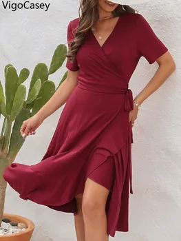 VigoCasey 2025 Female Sexy Short Sleeve Dress Women Cross V Neck Solid Long Dress Summer Lady Casual Ruffle Tight Dresses
