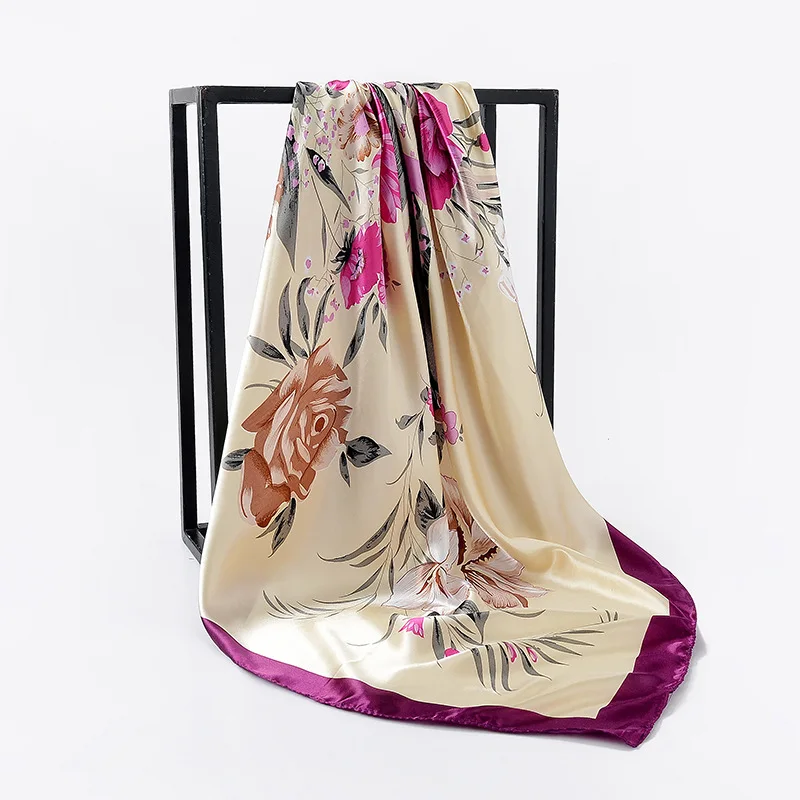 

2023 Fashion Square Silk Scarf 90X90CM Multifunction Vintage Hijab Headscarf For Women Hair Band Soft Print Neck Scarf Satin