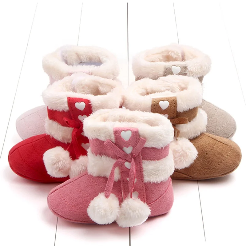 

0-18M Cute Newborn Baby Girls Soft Booties Cute Bow Plush Pom Snow Boots Infant Warming Crib Shoes Winter Autumn Baby Shoes