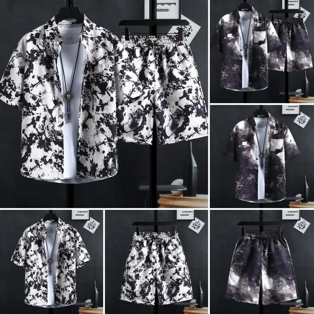 

Printed Casual Two-piece Suit Men's Casual Summer Outfit Set with Short Sleeve Shirt Elastic Waist Shorts in for Stylish