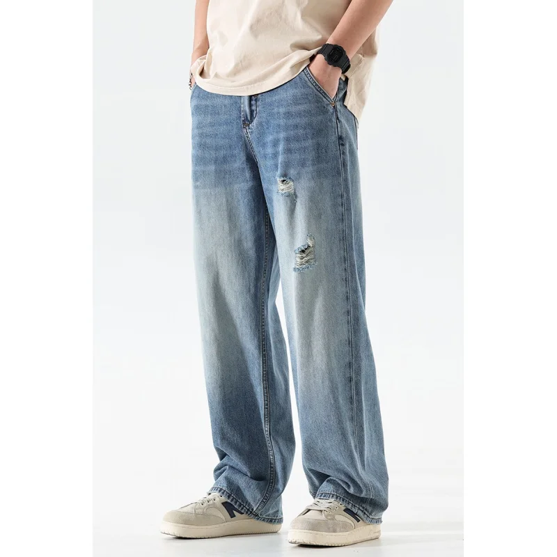 High-end retro holes casual jeans American wash blue loose straight pants Draped pants wide-leg summer thin men's pants