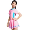 Girls One Piece Swimsuit Short Sleeve Zipper Swimwear Summer Vacation Skirt with Built-in Shorts BeachWear Rash Guard Swim Dress 1