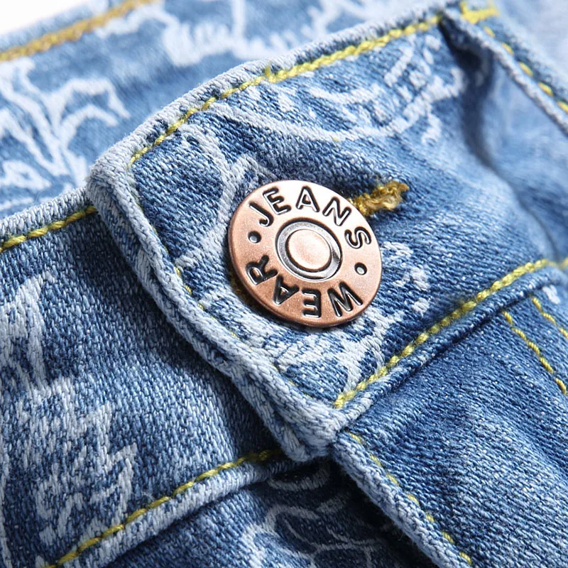 Summer New Men's Denim Shorts Classic Style Flower Printing Blue Fashion Casual Slim Fit Short Jeans Male Cotton Shorts