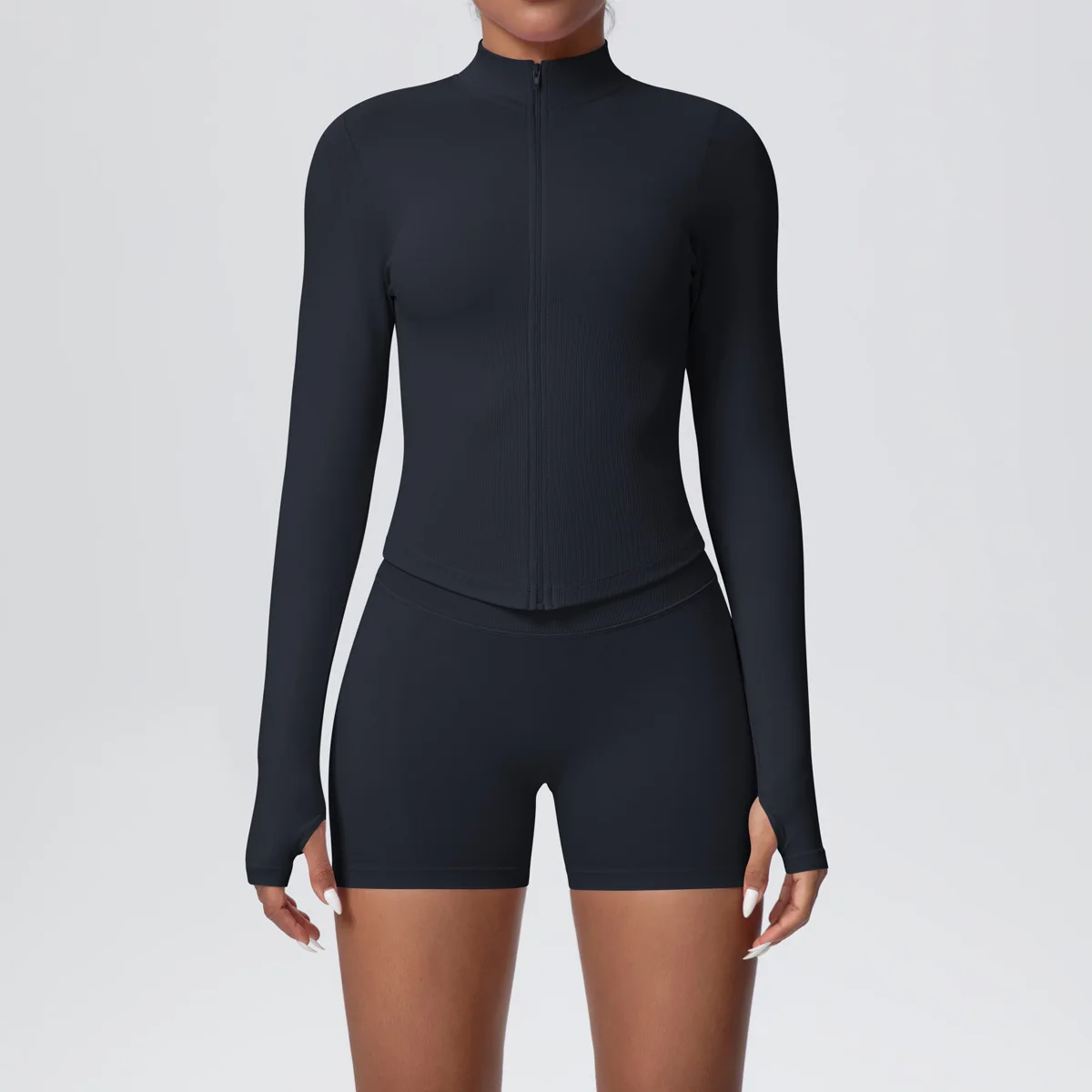 Women Gym Set - Seamless Yoga Suit With Zip Shirt & Cycling Shorts Activewear