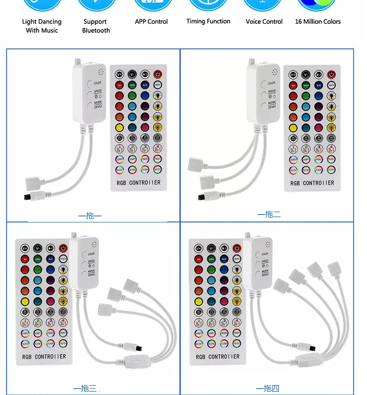 Description Picture 3 of itemMusic Bluetooth RGB Colorful LED Dimmer 1-4 Output Controller Timing Mode with 40 Keys IR Remote Control for 5050 2835 LED Strip