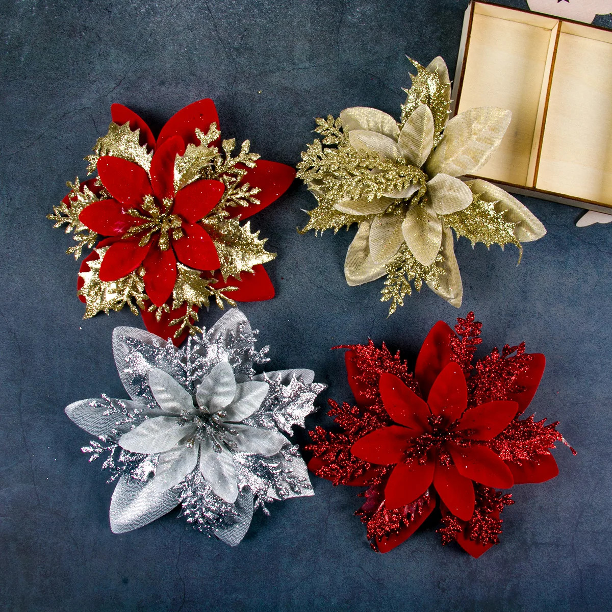 1/5/10pcs Sparkling Red Golden Silver Poinsettia Artificial Flowers Christmas Tree Ornaments for Xmas New Year party Decoration