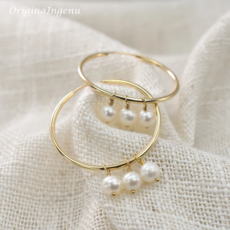 

30MM Hoop Earrings Handmade Natural Pearls Earrings Gold Filled Jewelry Circle Earrings Boho Brincos Pendientes Oorbellen