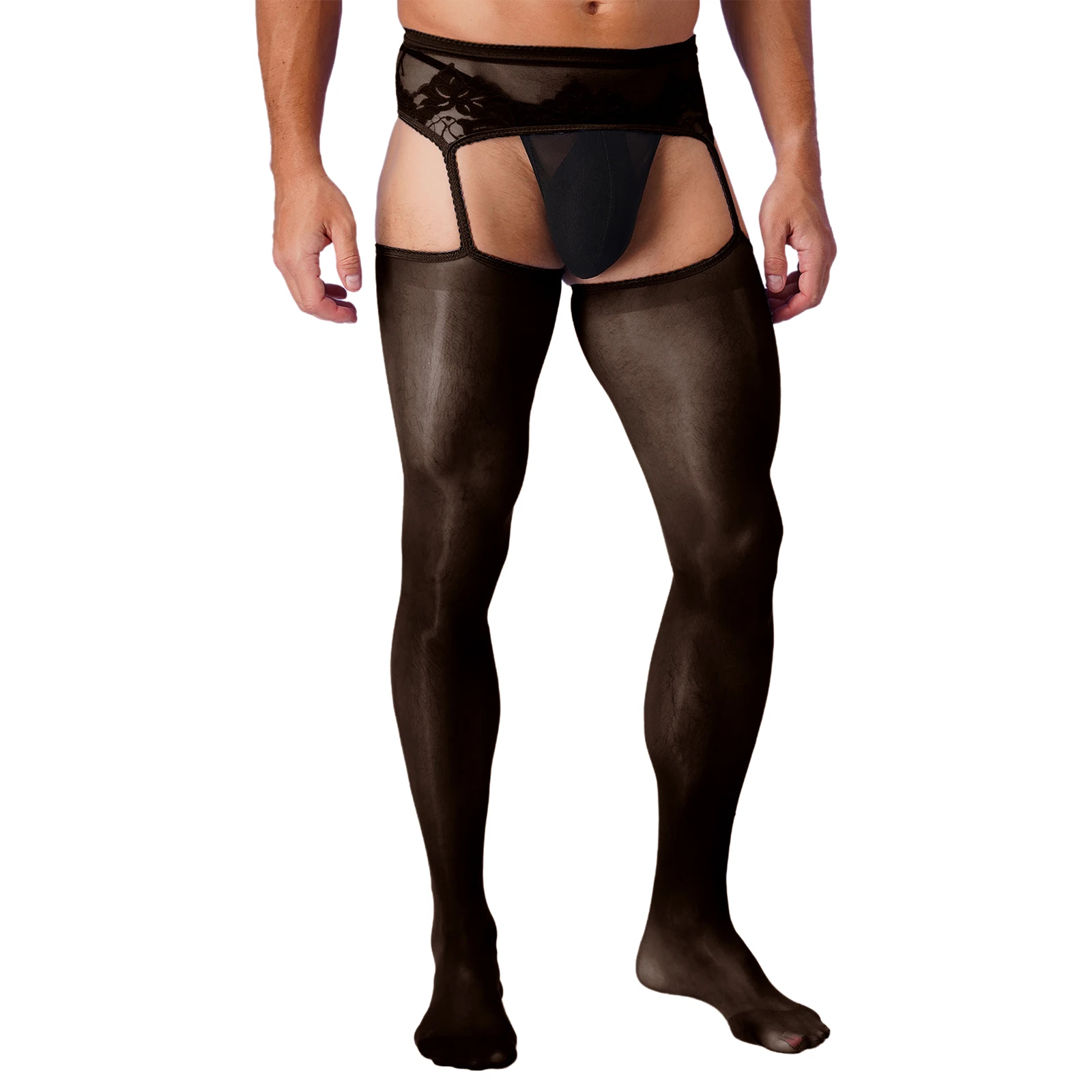 Mens Ultra Thin Mesh Leggings Gays Pantyhose Floral Lace See Through Underpants Garter Stockings for Night Dating Wear men underwear