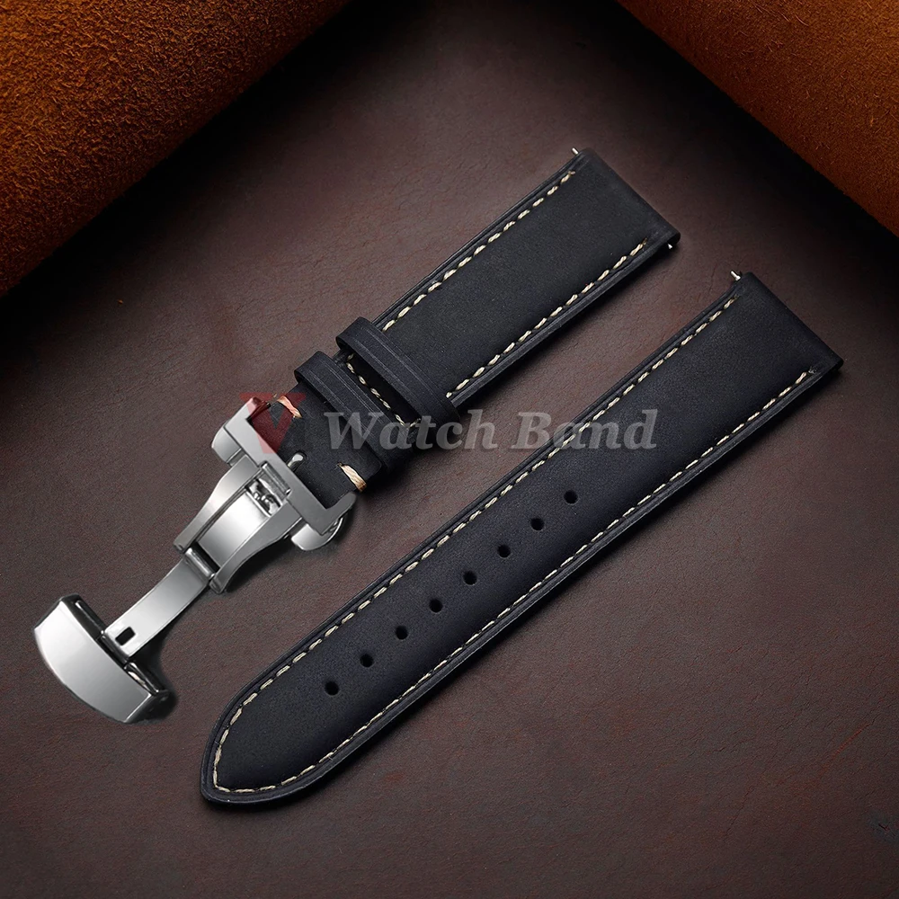 Premium Brown Genuine Calfskin Leather Watch Band with Butterfly Buckle and Stitching Details