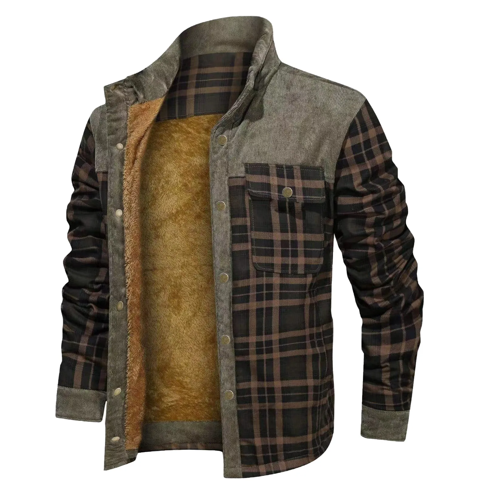 Fall Winter Men's Plaid Print Casual Jackets Fashion Vintage Long Sleeve Stand Collar Single Breasted Warm Fleece Lined Outwears 2