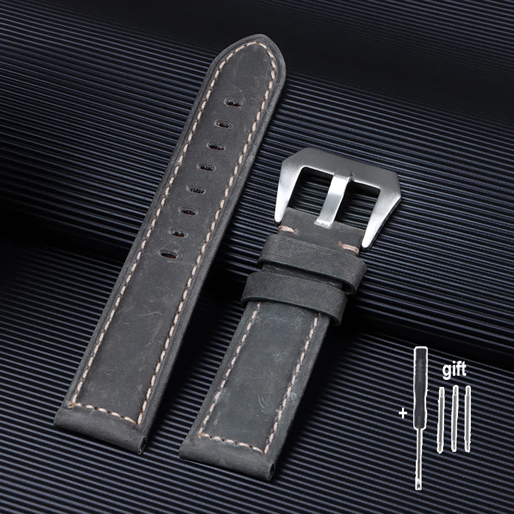 Genuine Crazy Horse Leather Watchband - Black, Blue, Brown Bracelet, 20mm-26mm