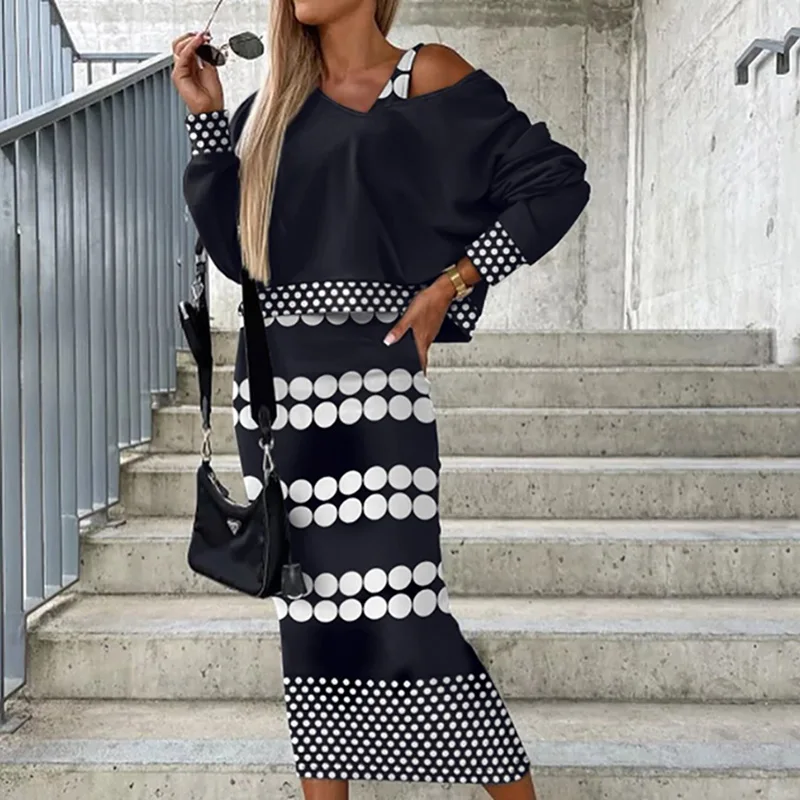

2023 Dress Suit Women Autumn New Print Sleeveless V-neck Dress And Long Sleeve Loose Coat Two Piece Sets Elegant Casual Suit
