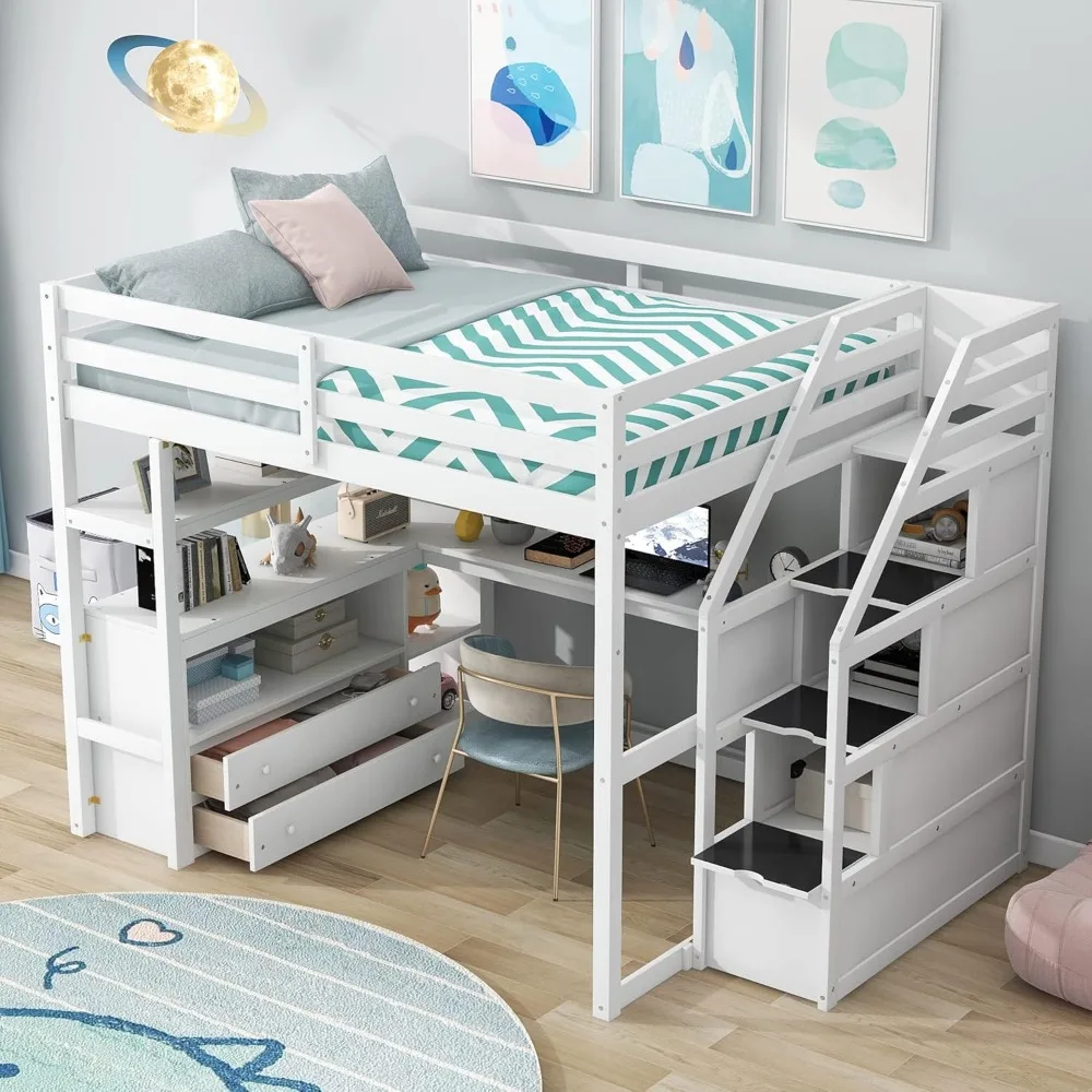 Full-size loft bed frame with stairs and desk, suitable for children, teens and adults - white 4