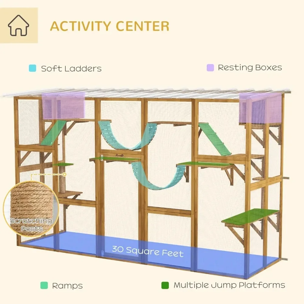 Catio Playground Cat Window Box Outside Enclosure Outdoor Cat House with Weather Protection Roof for Wooden Frame