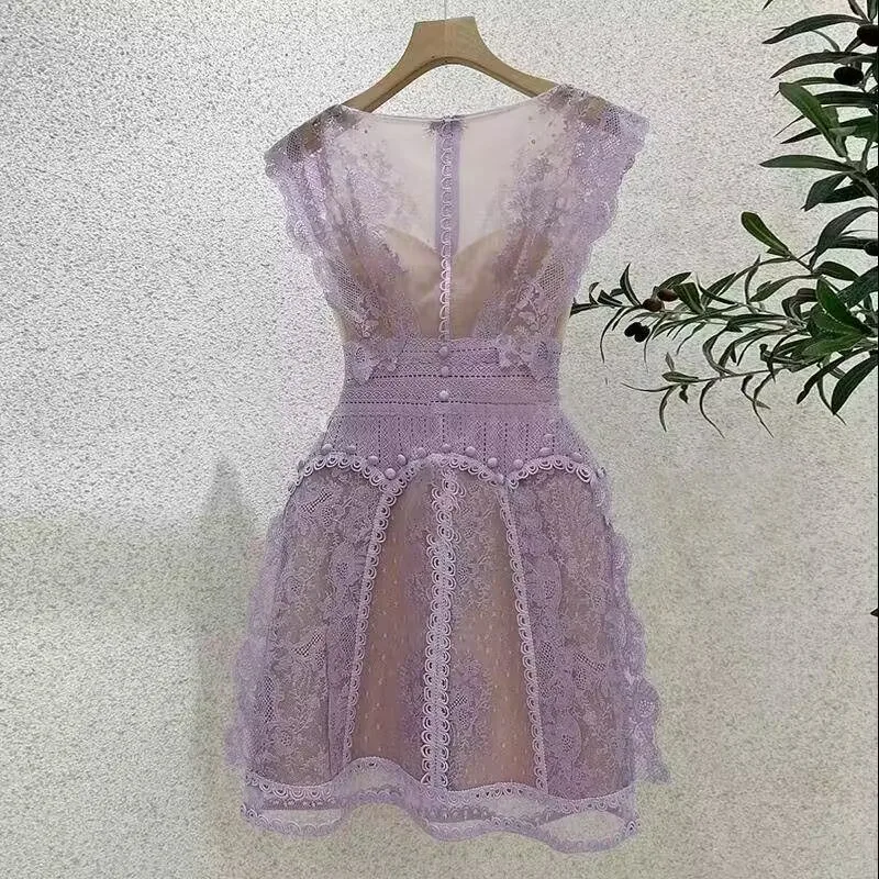 

Runway Purple Women's Clothes Party Sexy See-Through Luxury Sleeveless Casual Female Mesh Lace Brand Dress Vestido Robe