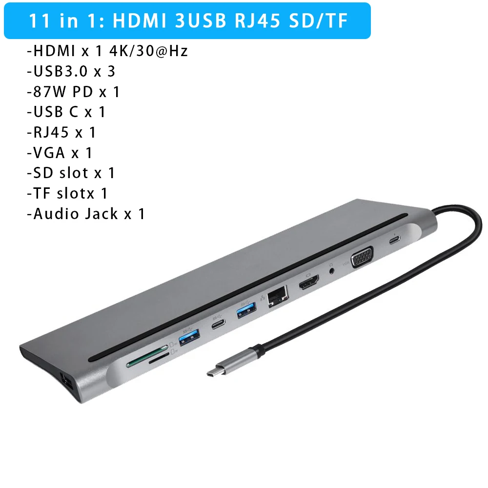 

11/12/14-in-1 Type C Dock USB Hub 3.0 Splitter Multiport Adapter 4K HDMI RJ45 SD/TF VGA HDMI PD for Laptop MacBook iPad Xiaomi