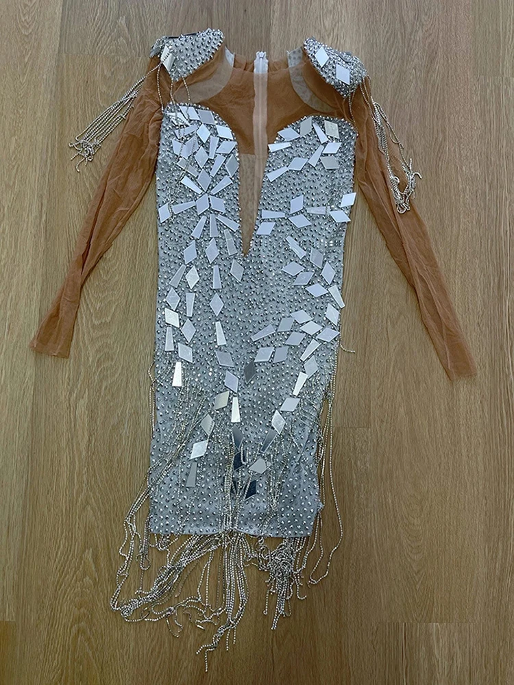 Silver Celebrity Prom Dresses For Black Girls Long Sleeve Crystal Tassels Birthday Party Dress Mini Cocktail Gown African robe