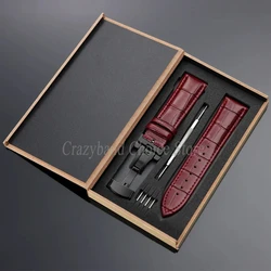 Elegant Leather Watch Strap with Metal Butterfly Clasp and Wooden Box (14mm - 22mm) - 22mm (Red - Black)