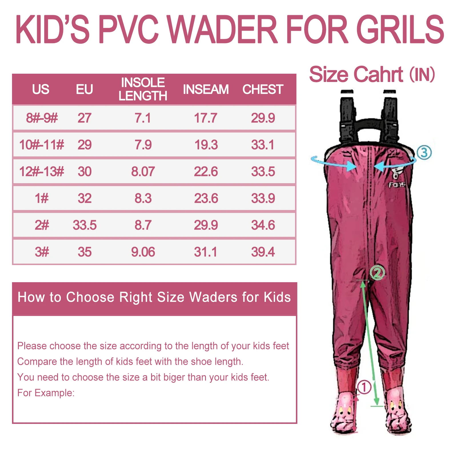 8 Fans Kid's Chest Waders,Waterproof Bootfoot Lightweight Hip Waders,2-ply Nylon PVC Fishing Hunting kayaking Children's Waders