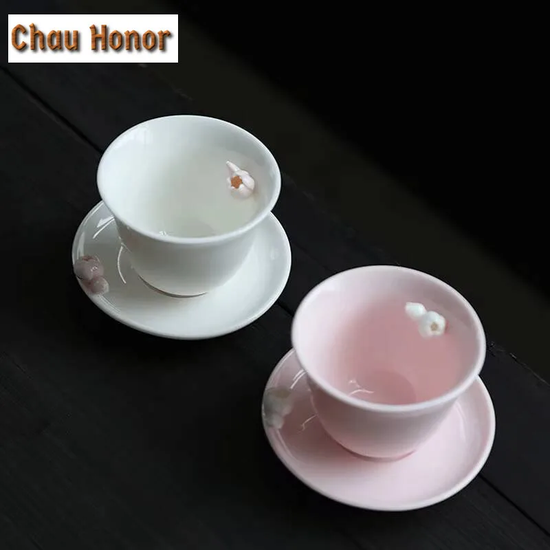 2pc/lot Boutique Pink Mutton Fat Jade Inch Flowers Teacup Tea Bowl Water Jug Tea-tasting Smelling Cup Chazhan Master Cups Cafes
