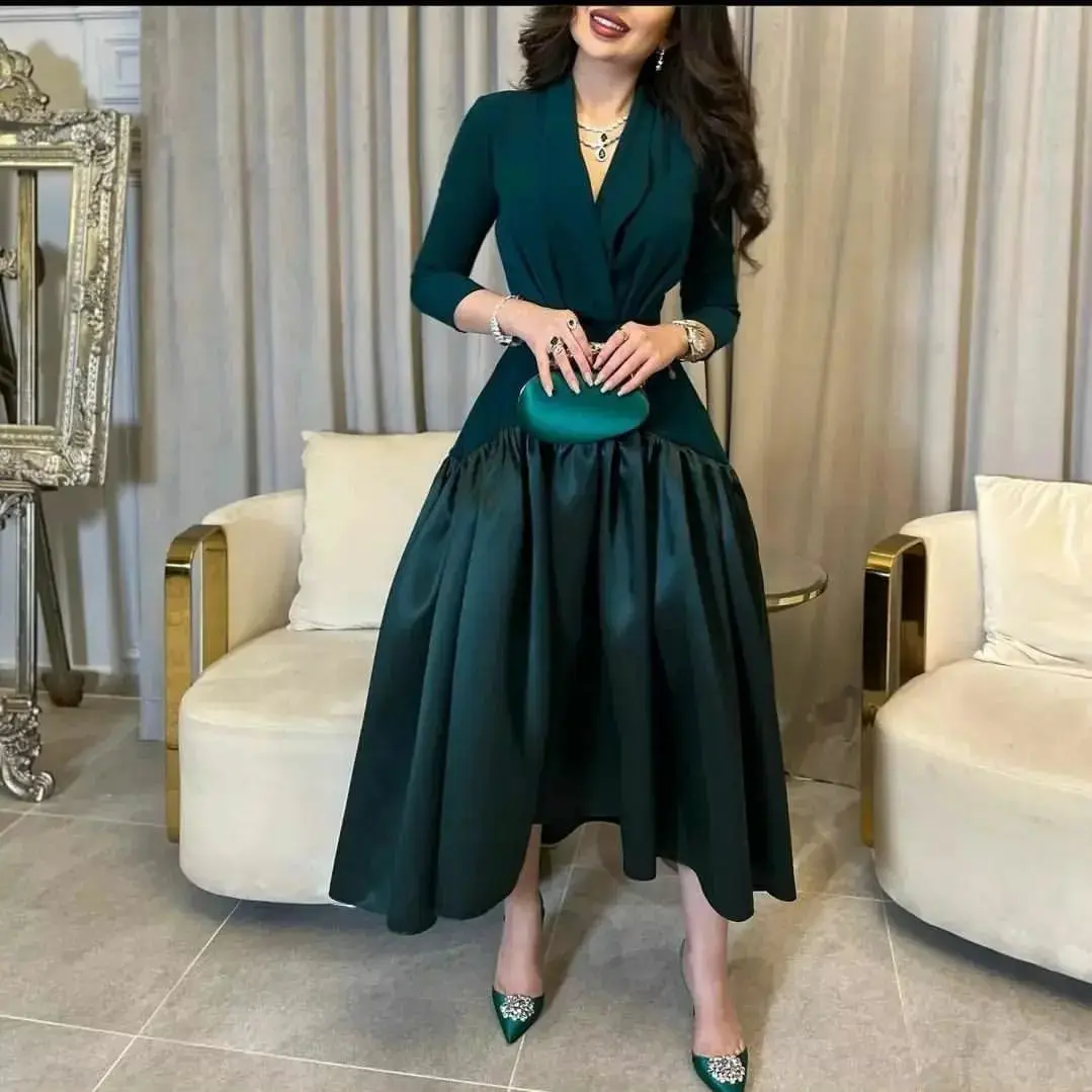 

Meetlove Royal Blue A Line Saudi Arabic Evening Dresses Long Sleeve Spandex Satin Tea Length Elegant Dubai Party Dress Prom Gown