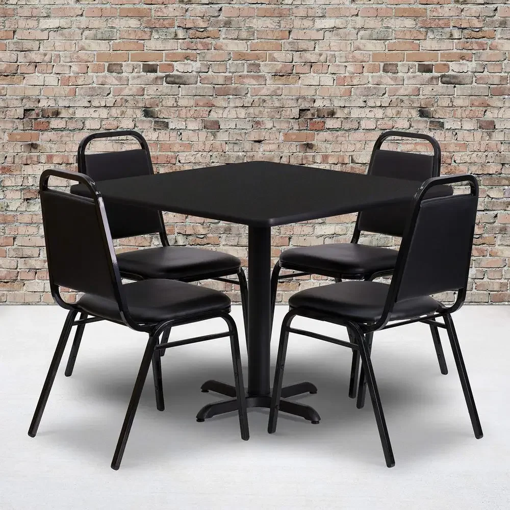 5-Piece Square Dining Table Set with X-Base and 4 Trapezoidal Back Chairs Durable Restaurant Cafe Banquet Furniture 3