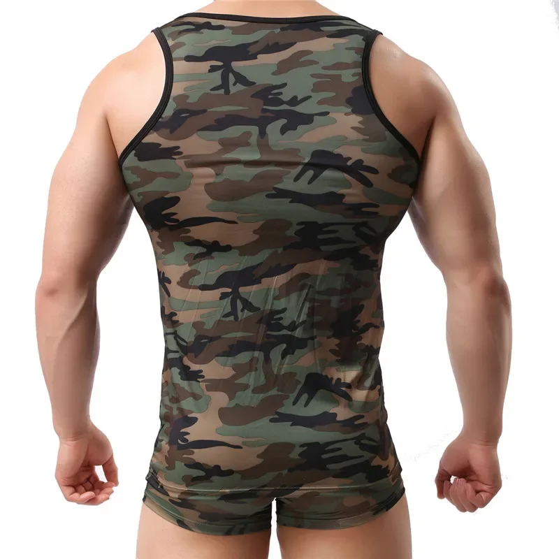 Mens Undershirts Camouflage Sleeveless Tops Vest Sports Slim Fitness T-Shirts Boxer Shorts Underpants Underwear Male Clothes Set