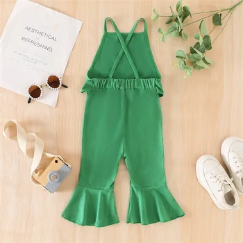 Stylish Baby Girls St Patrick s Day Overalls Jumpsuit with Shamrock Print Ruffled Sleeveless Spaghetti Strap Bell Bottom 2