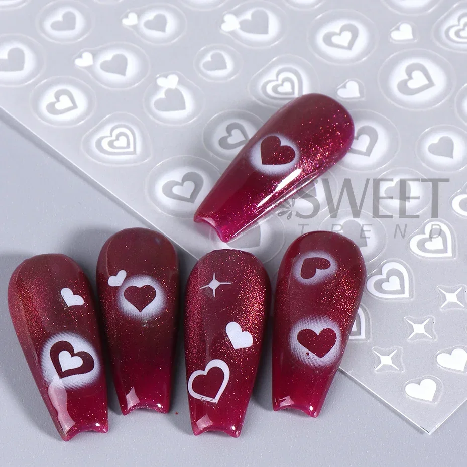 2pcs 3D Heart Star Nail Stickers Matte White Airbrush Y2K Love Heart Valentines Gradient Bloomming Slider Polish Nail Decoration