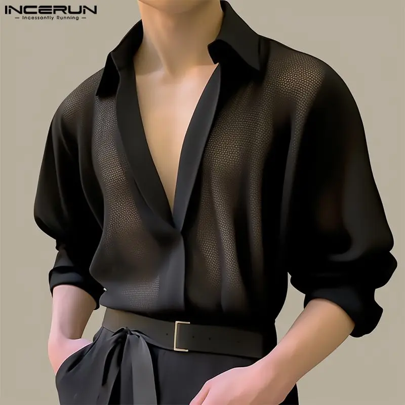 

2024 Men Shirt Mesh Transparent Solid Color V Neck Long Sleeve Sexy Men Clothing Streetwear Loose Fashion Shirts S-5XL INCERUN