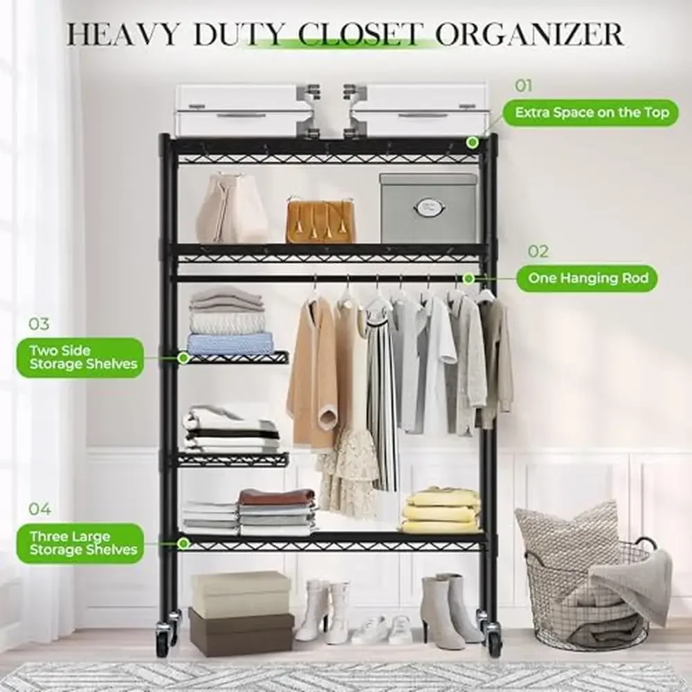 Heavy Duty Rolling Clothes Rack with Adjustable Shelves & Oxford Cover Durable Closet Organizer Bedroom Laundry Room 550 lbs 4