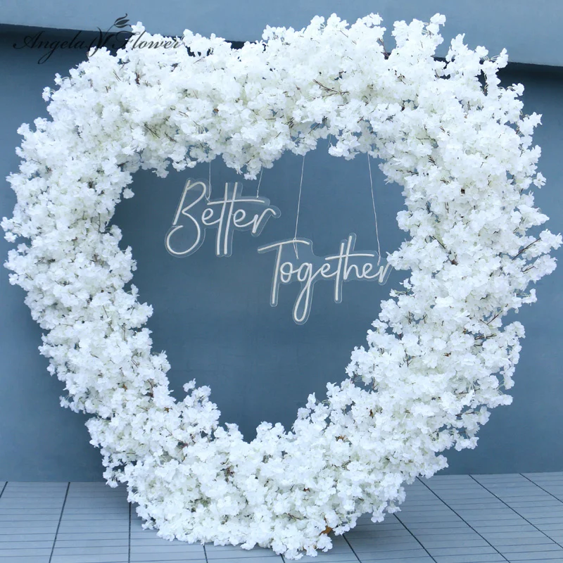 

White Cherry Blossom With Heart/Moon Shape/Arch/Round Circle/Horn Shelf Wedding Backdrop Flower Door Party Stage Floral Frame