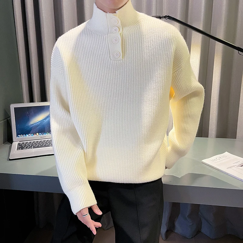 Winter Men\'s Highneck Sweater Thick Turtleneck Male Casual Knitted Pullovers Vintage Jumper Black Red White Knitwear Clothing