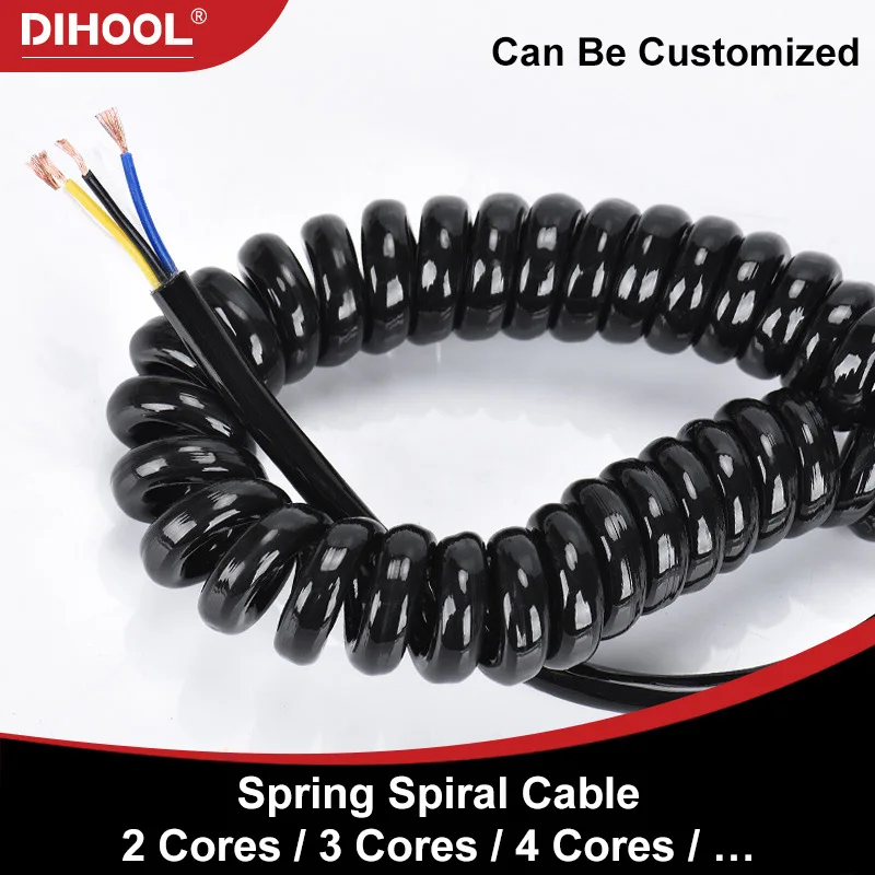 Stretchable Primavera Spiral Cabo Cabo de Extensão de Energia Telescópica Fio Preto Núcleos Núcleos 0.5 mm 1.0 mm 1.5 mm 2.5 mm 1322awg