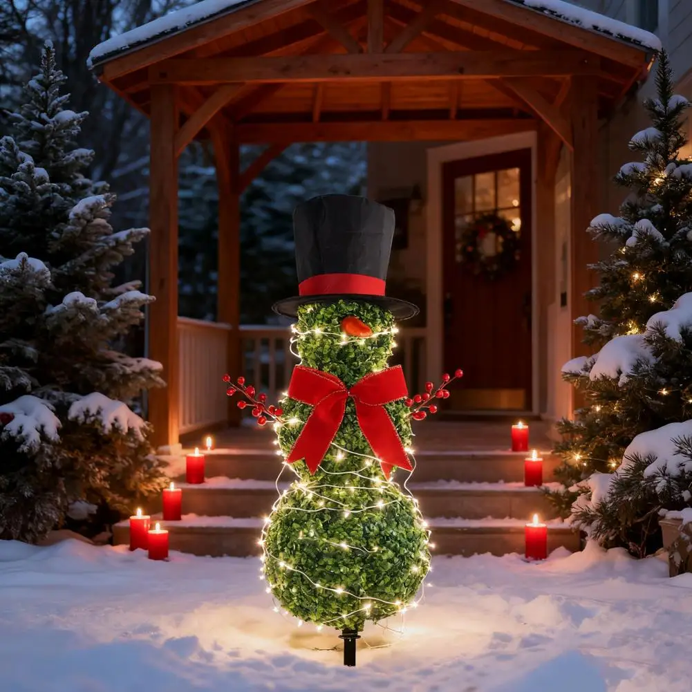 31" Artificial Snowman Shaped Topiary Tree Christmas Red Bow Santa Hat Faux Boxwood For Home Front Porch Winter Garden Decor