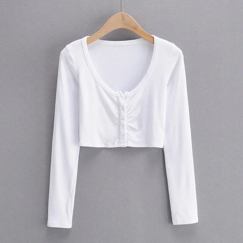 Slim V-neck Long Sleeve Bottomed Womens Tops And Blouses High Street Solid Color Open Navel Cardigan