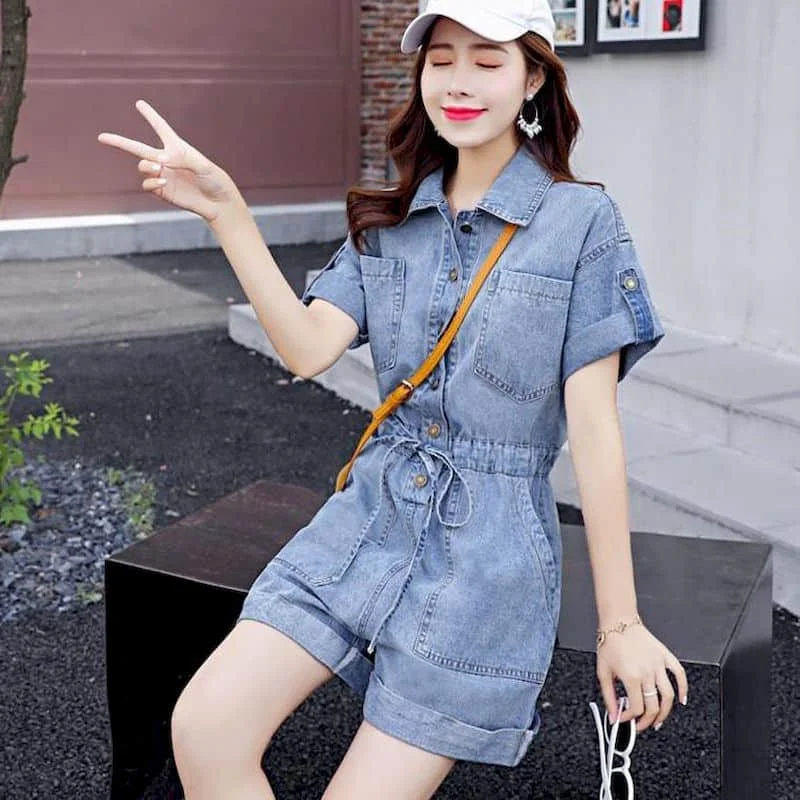 Denim Jumpsuit Women Half Sleeve Solid Oversize Casual Pocket One
