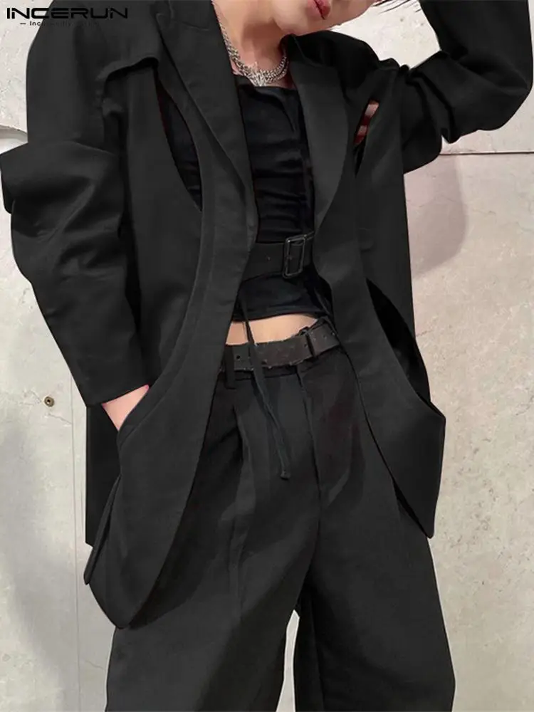 INCERUN Men Blazer Solid Color Lapel Long Sleeve Streetwear One Button Fashion Casual Suits Hollow Out Irregular Coats Men