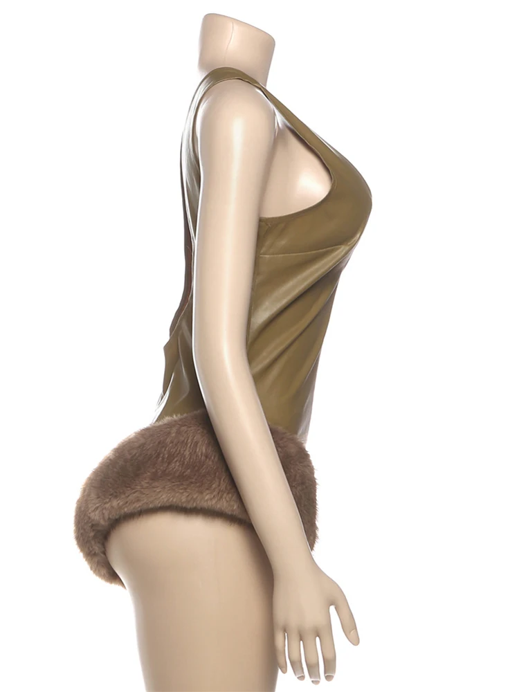 Kliou Skinny-Bodys aus Kunstleder für Damen, tiefer Ausschnitt, rückenfrei, ärmellos, pelzig, Patchwork-Saum, heiße Mädchen, High-Street-Stil, figurbetont – Detail 4