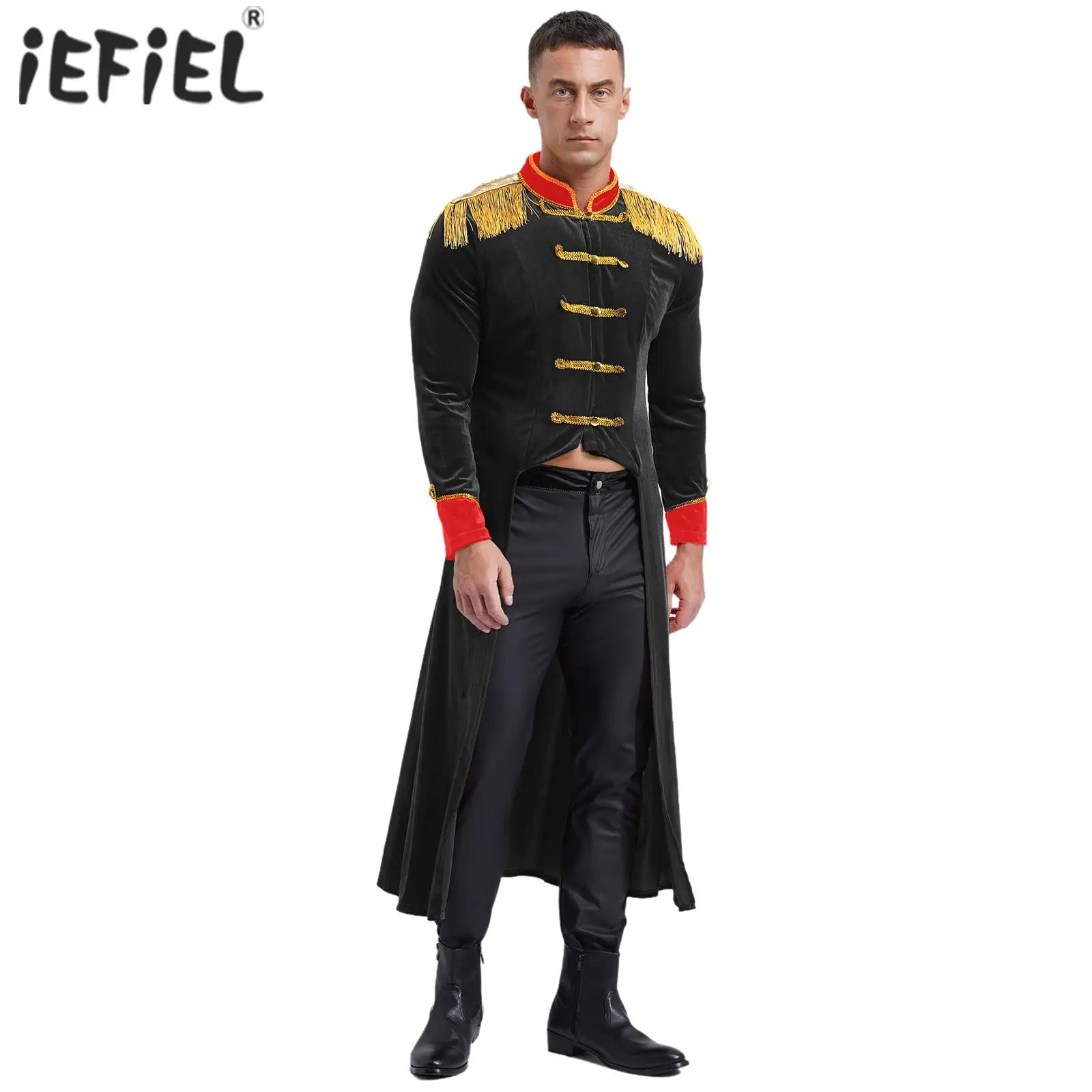 

Mens Lion Tamer Tailcoat Velvet Tailcoat Renaissance Gothic Jacket Tops Circus Ringmaster Cosplay Costume Fringe Shoulder Boards