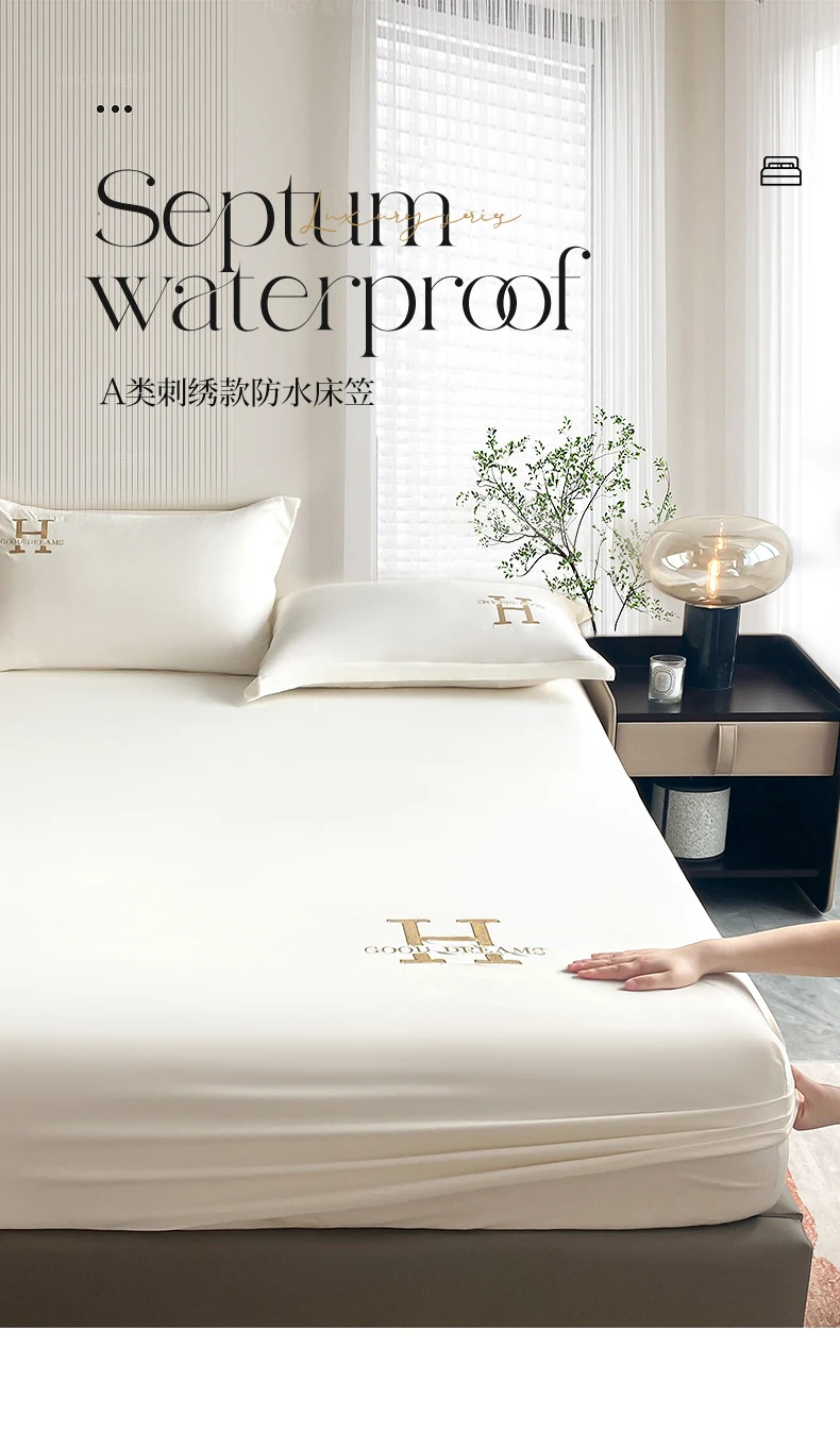 Description Picture 2 of itemEmbroidery Waterproof Fitted Sheet With Elastic Band Bedsheet Single Double Queen Size Mattress Cover Solid Color Fit Sheet