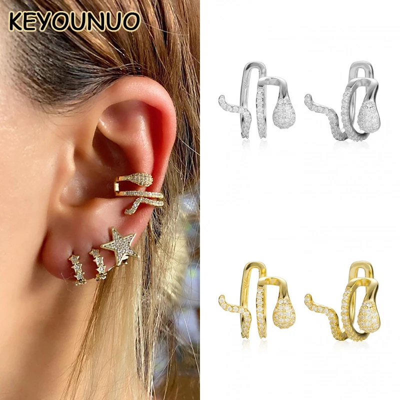 

KEYOUNUO Gold Silver Filled Golden Snake CZ EarCuffs For Women Fake Piercing Zircon Cartilage Clip Earring Fashion Jewelry